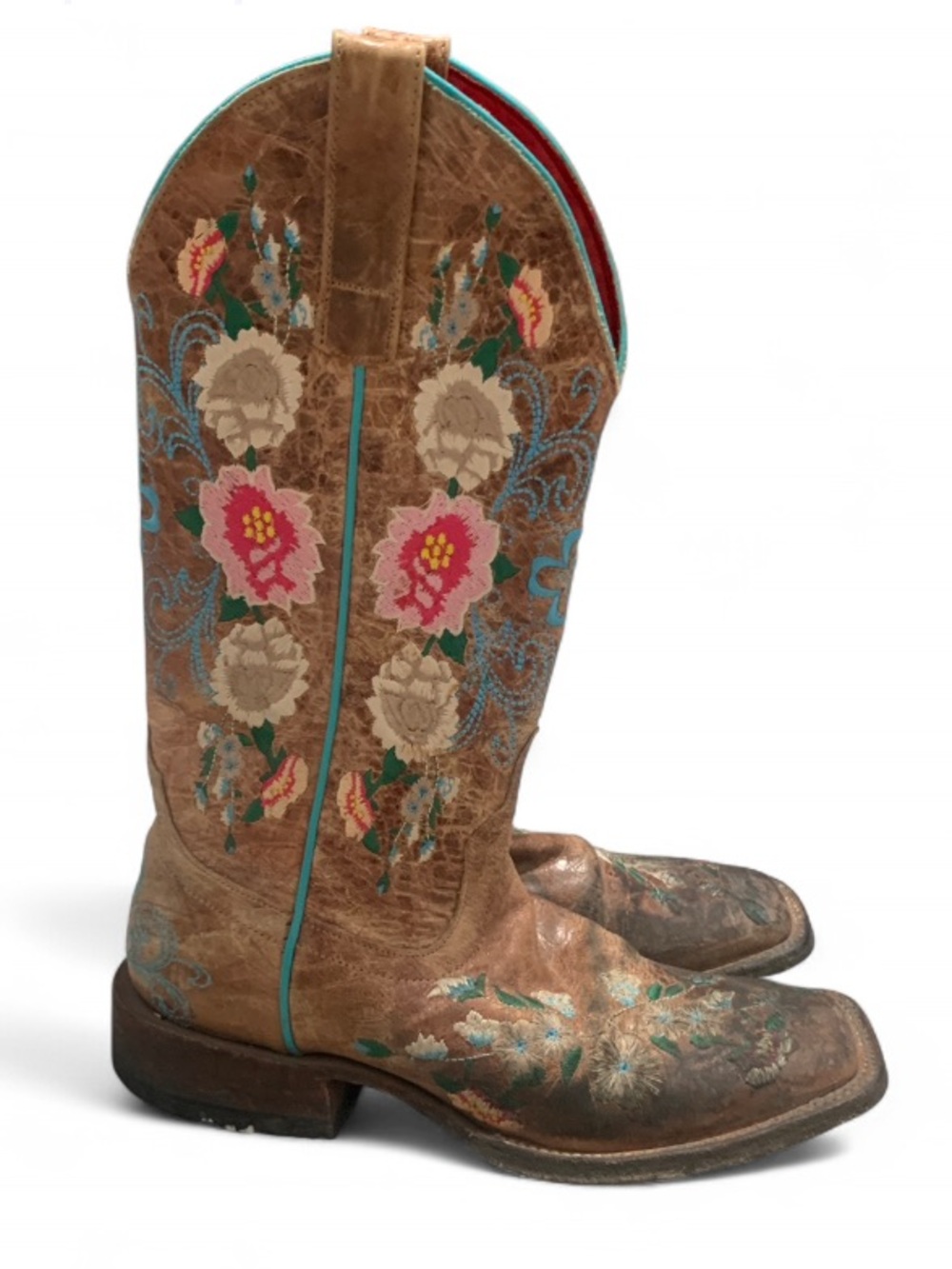 Macie Bean Brown Embroidered Western Cowgirl Boots with Pink Floral Accents